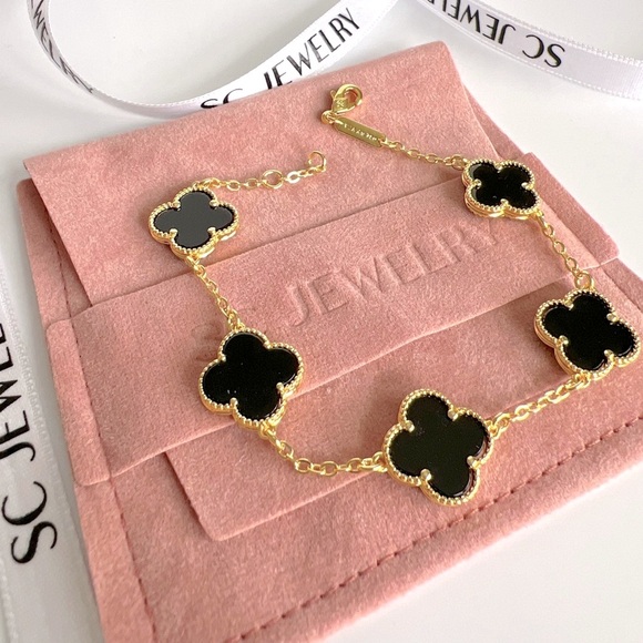 Clover Bracelet Double Sided Black Onyx Stone Luxury Jewelry - Picture 7 of 15